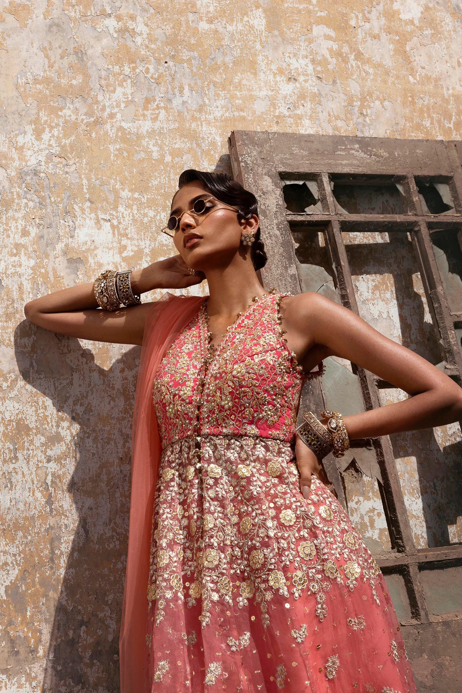 N252-005-3CX stitched fuchsia pink wedding suit with organza panels and embroidered dupatta – Sana Safinaz for Pakistani women in USA, UK, Canada

