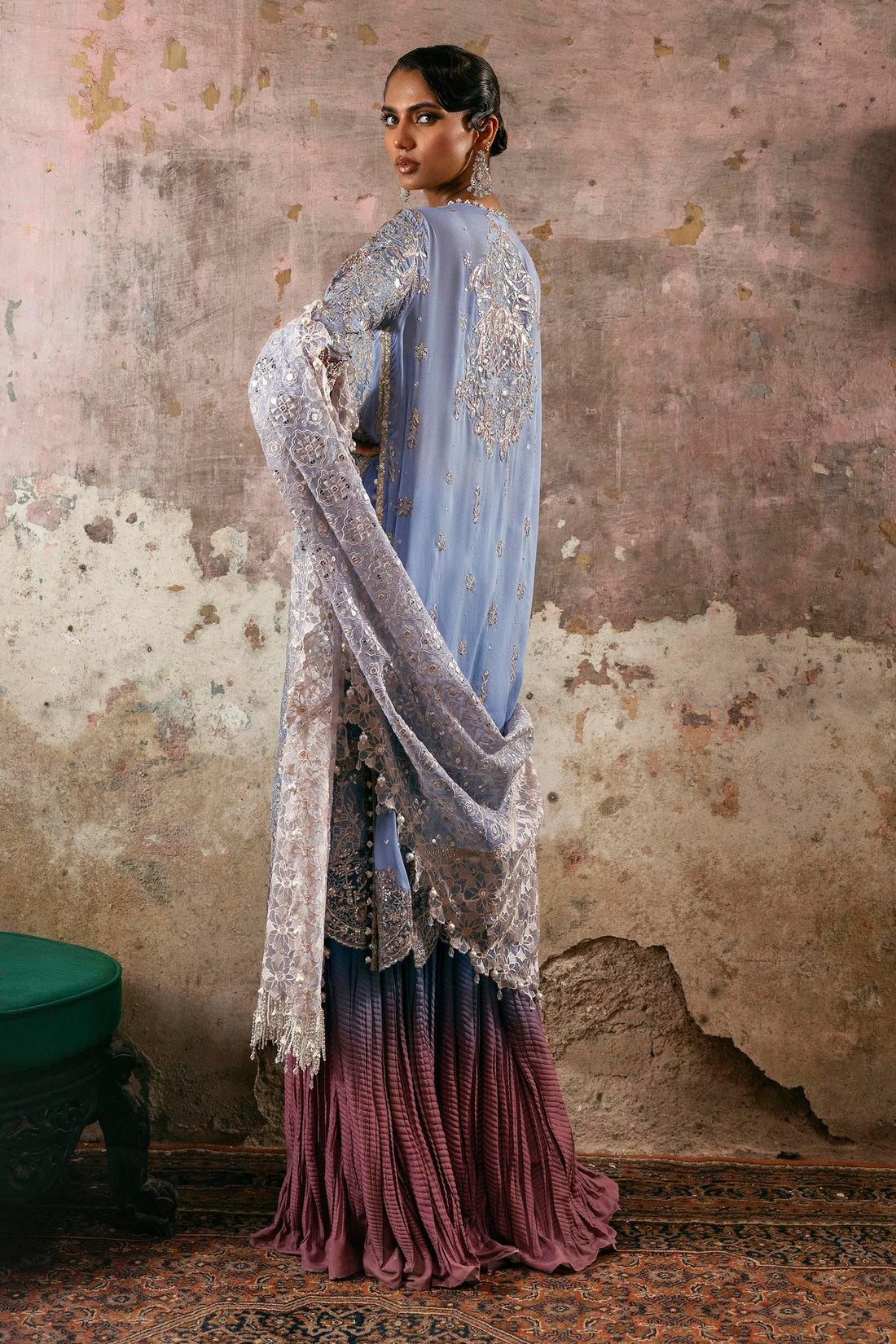 N252-006-3CX stitched georgette designer suit with crushed silk pants and embroidered dupatta – Sana Safinaz wedding wear for Pakistani women abroad.