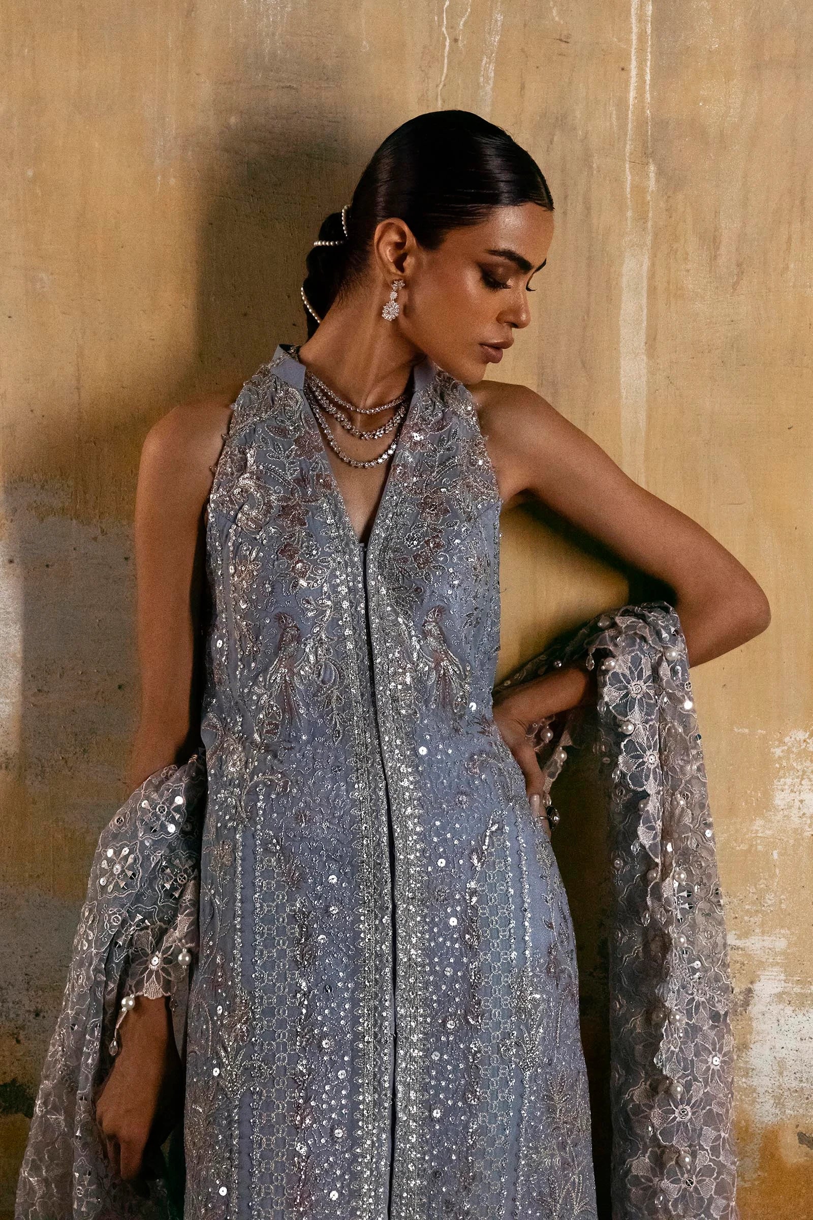 N252-006-3CX stitched georgette designer suit with crushed silk pants and embroidered dupatta – Sana Safinaz wedding wear for Pakistani women abroad.