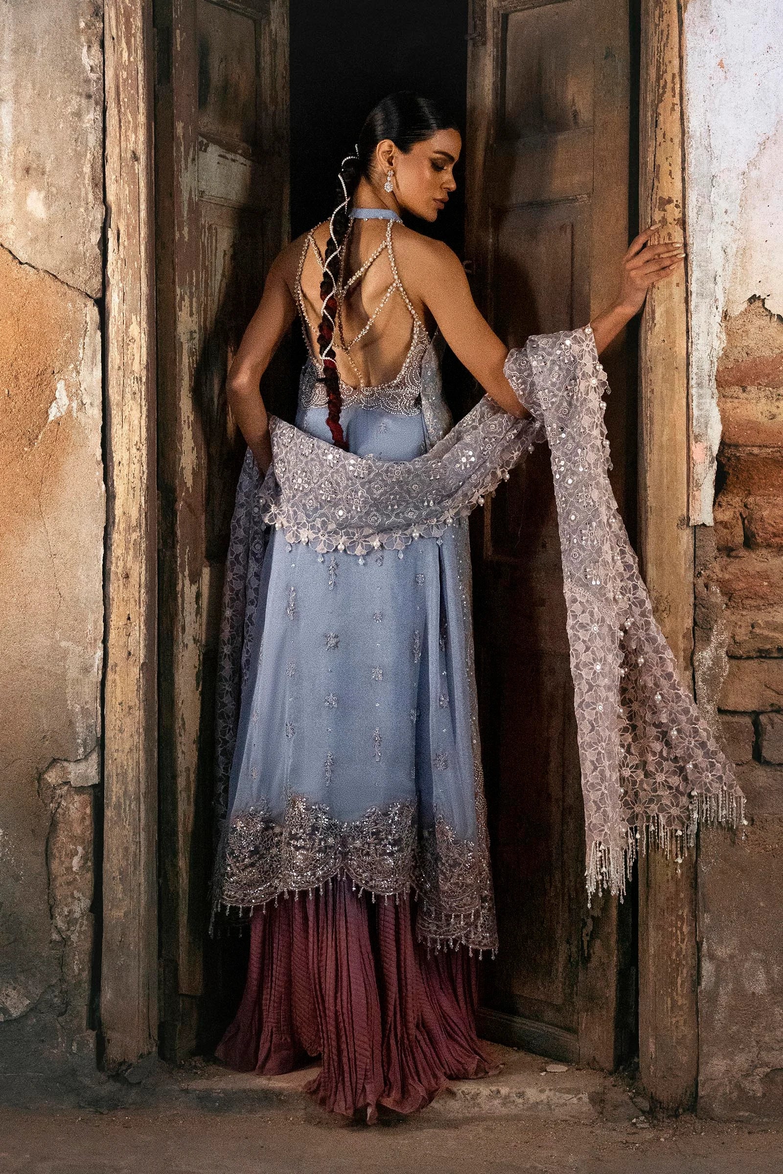 N252-006-3CX stitched georgette designer suit with crushed silk pants and embroidered dupatta – Sana Safinaz wedding wear for Pakistani women abroad.