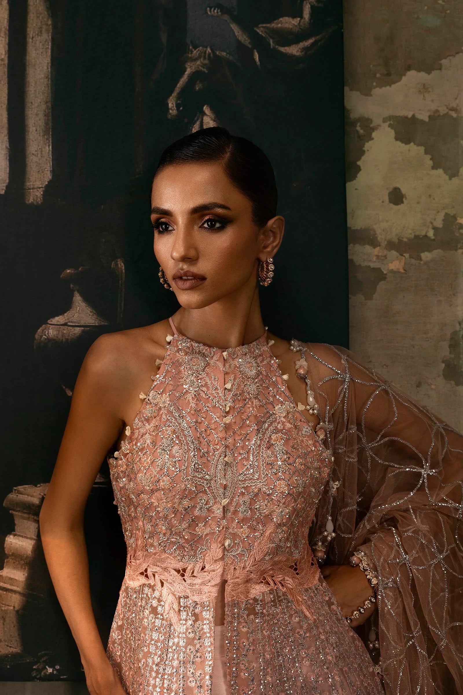 Sana Safinaz N252-007-3CX stitched powder pink organza dress with embroidered 3D flower dupatta and digital raw silk pants – wedding outfit for Pakistani women in USA, UK, Canada.