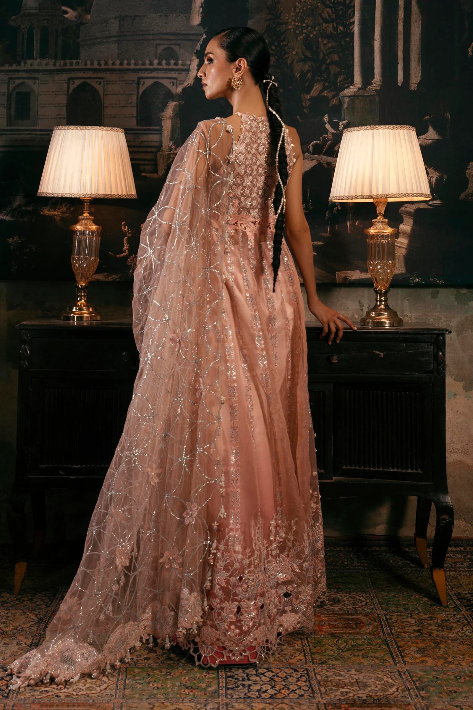 Sana Safinaz N252-007-3CX stitched powder pink organza dress with embroidered 3D flower dupatta and digital raw silk pants – wedding outfit for Pakistani women in USA, UK, Canada.