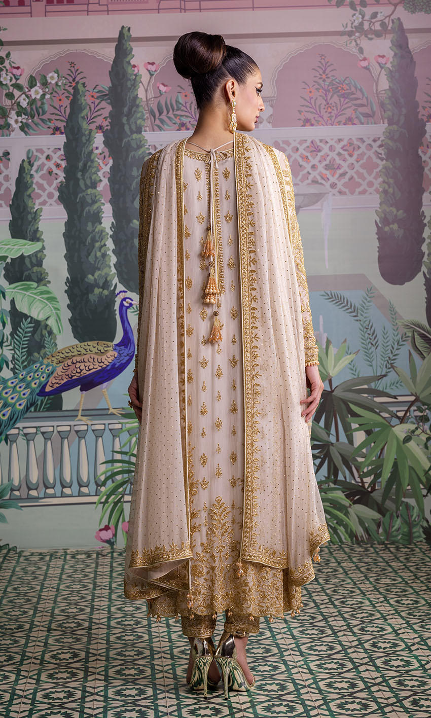 Off-white chiffon Pakistani wedding dress with hand embellishments – NAOW-538 by Pakistanimoda