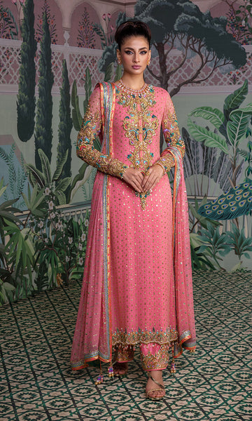 Coral pink chiffon Pakistani formal dress with hand embellishments – NAOW-539 by Pakistanimoda