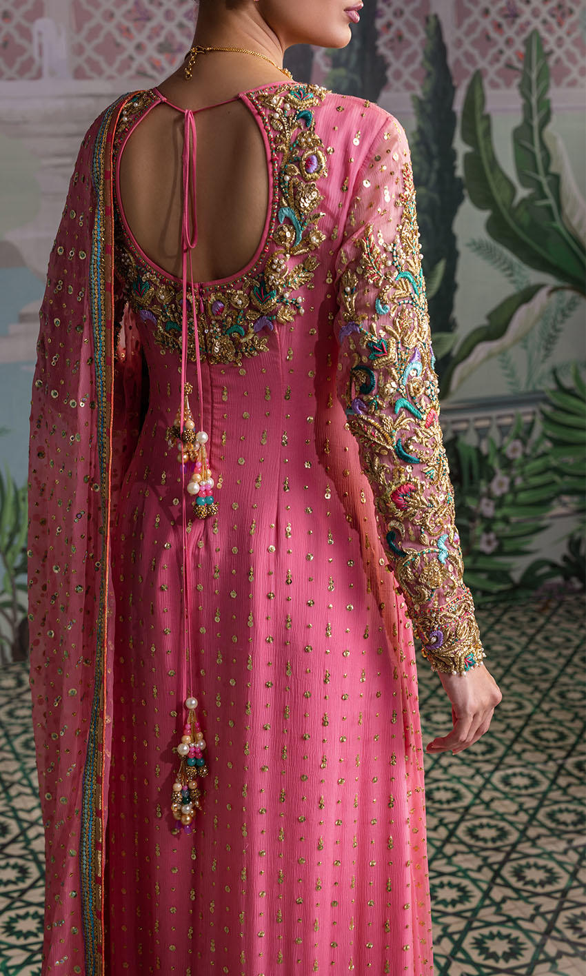 Coral pink chiffon Pakistani formal dress with hand embellishments – NAOW-539 by Pakistanimoda