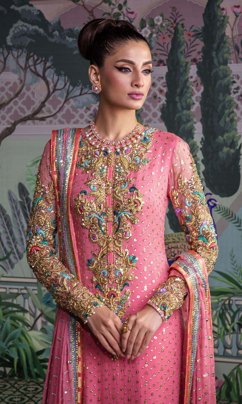 Coral pink chiffon Pakistani formal dress with hand embellishments – NAOW-539 by Pakistanimoda