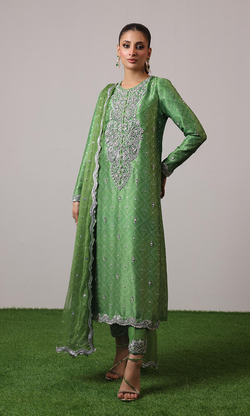 Green raw silk Pakistani dress with chunri print, zardozi work & scalloped chiffon dupatta – NAOW-566 by Pakistanimoda