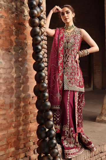 Crimson NAZO JHILMIL wine embroidered stitched wedding suit with foil appliqué organza shirt and silk bottom