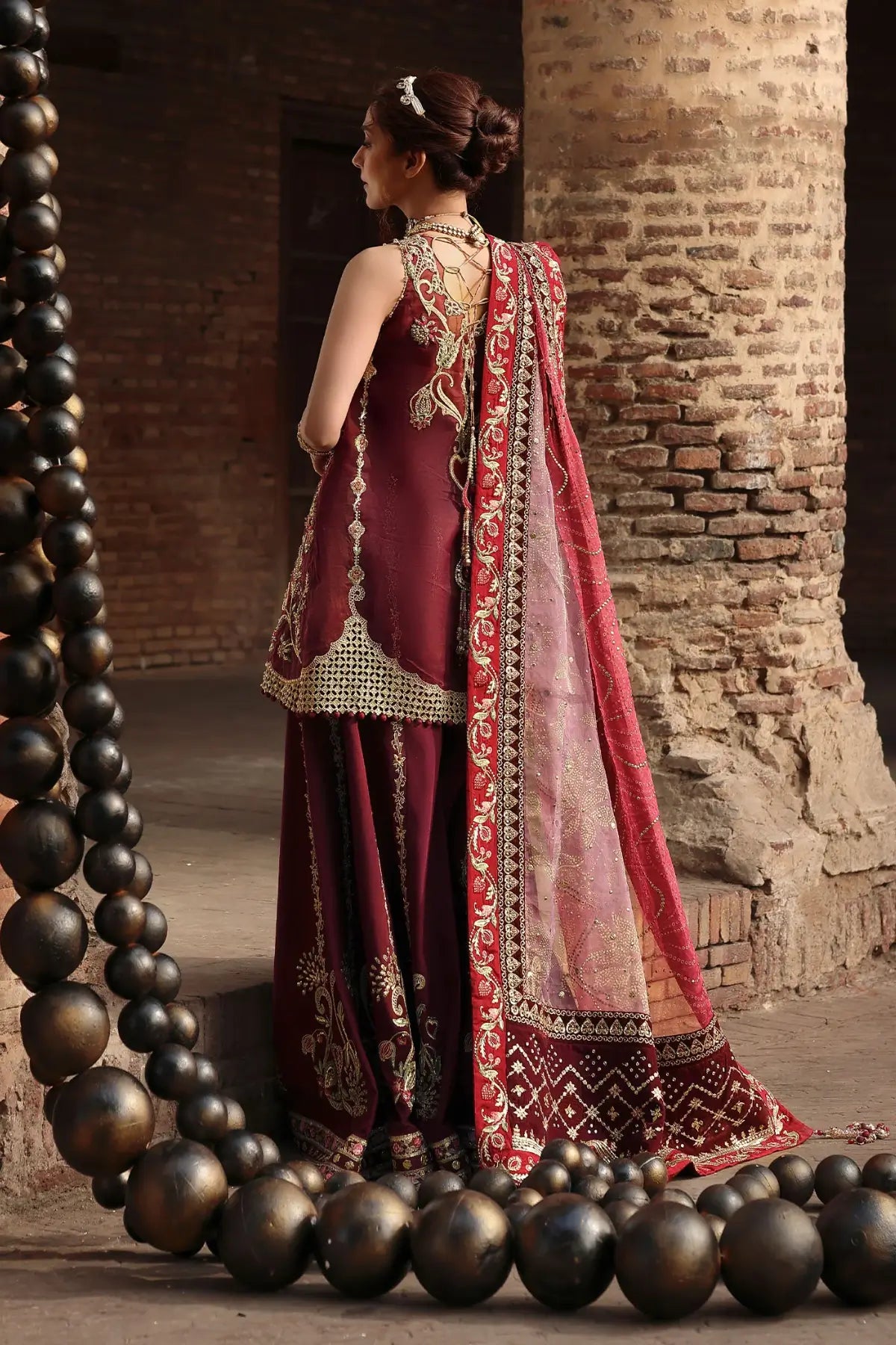 Crimson NAZO JHILMIL wine embroidered stitched wedding suit with foil appliqué organza shirt and silk bottom