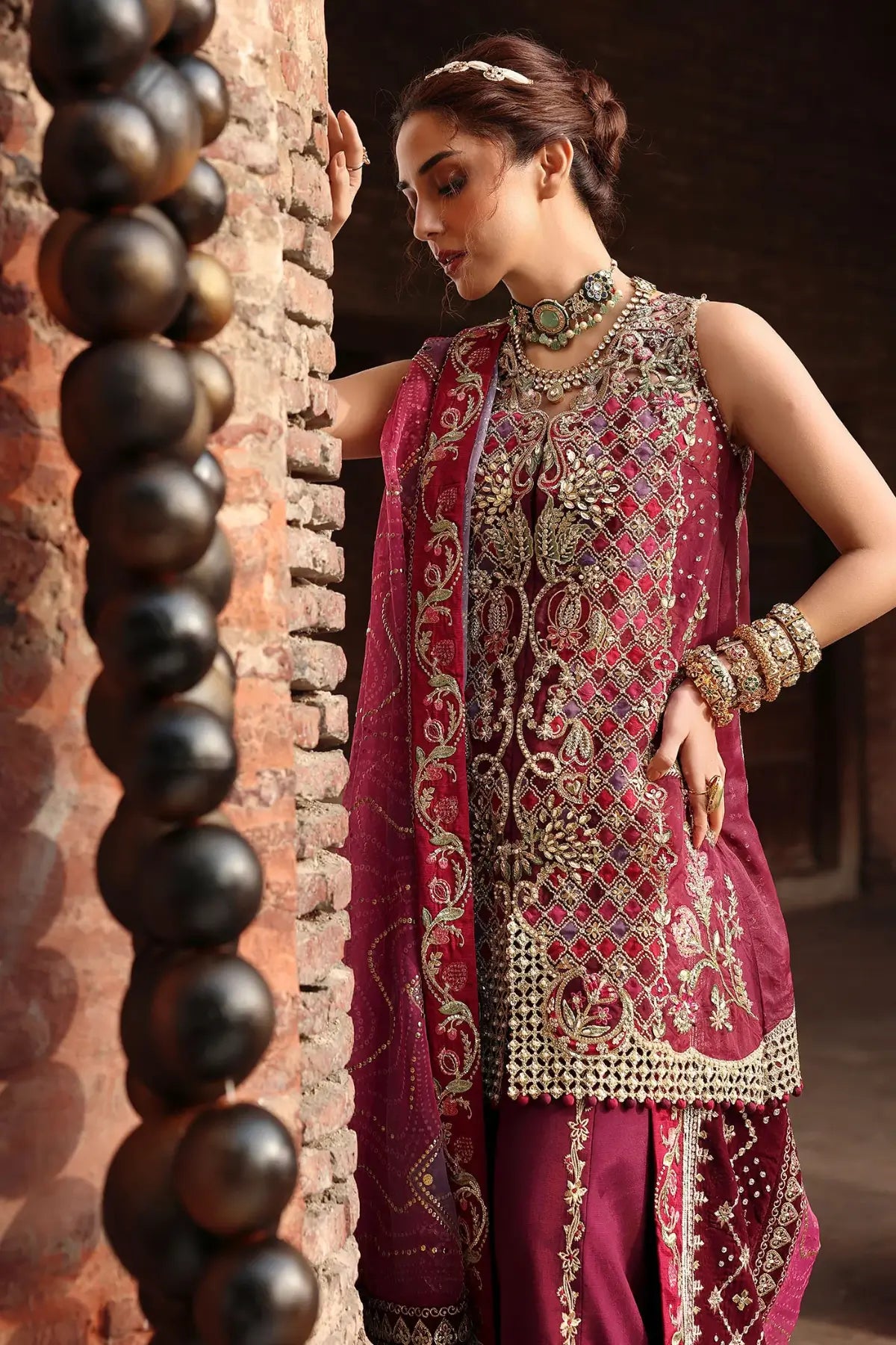 Crimson NAZO JHILMIL wine embroidered stitched wedding suit with foil appliqué organza shirt and silk bottom