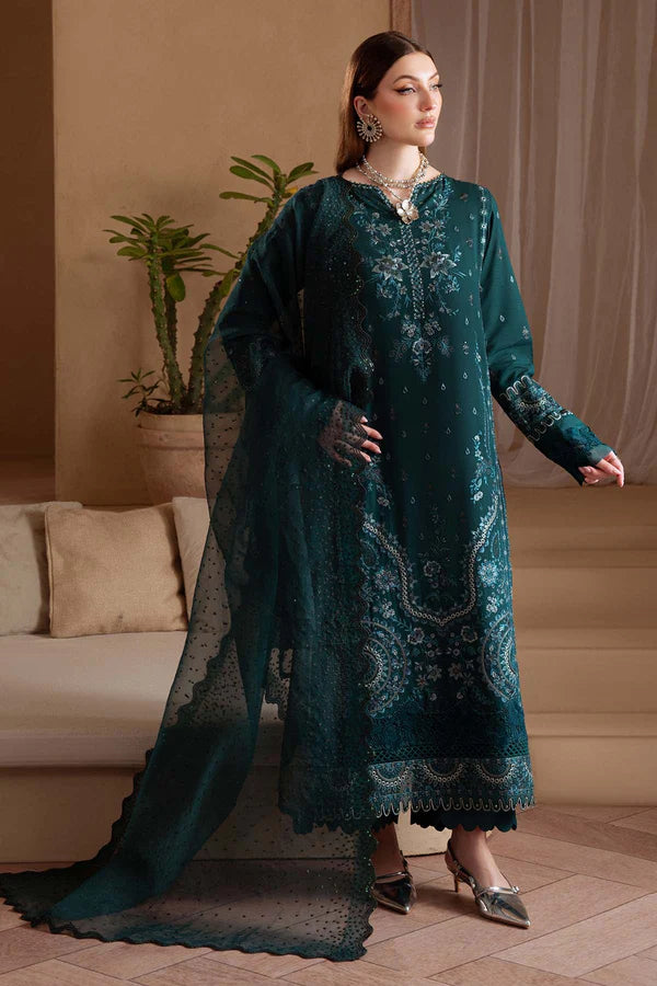 NE-169 Nureh Karandi Collection – Elegant Green Embroidered Karandi 3PC Suit with Organza Dupatta Stitched at Pakistanimoda.com