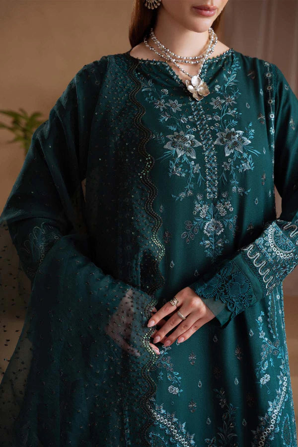 NE-169 Nureh Karandi Collection – Elegant Green Embroidered Karandi 3PC Suit with Organza Dupatta Stitched at Pakistanimoda.com