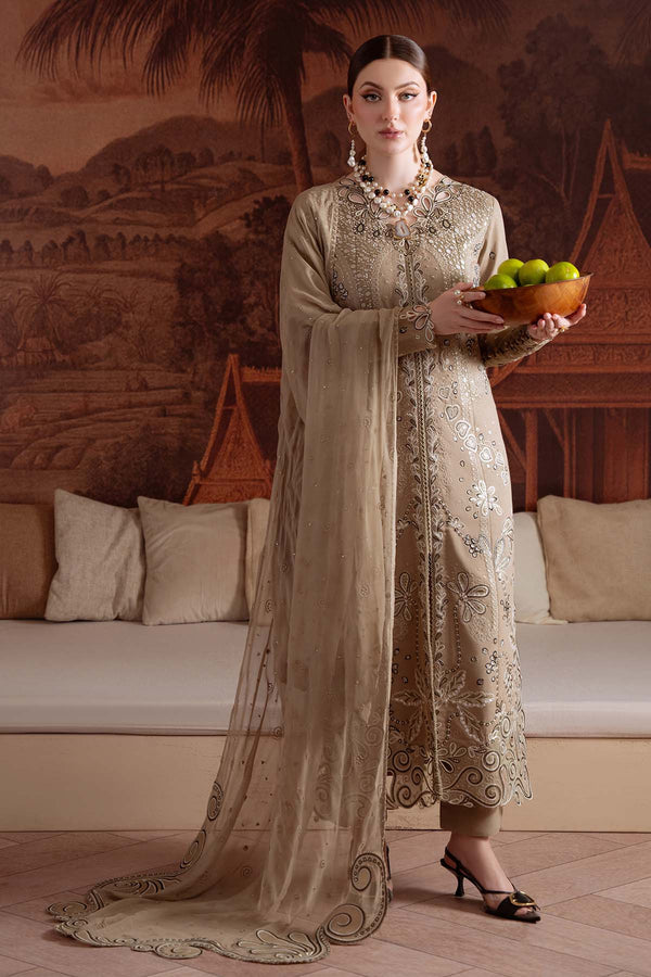 NE-170 Nureh Karandi Collection – Pakistani Beige Embroidered Karandi 3PC Outfit with Chiffon Dupatta Stitched at Pakistanimoda.com