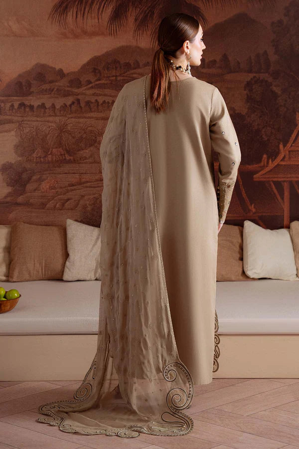 NE-170 Nureh Karandi Collection – Pakistani Beige Embroidered Karandi 3PC Outfit with Chiffon Dupatta Stitched at Pakistanimoda.com
