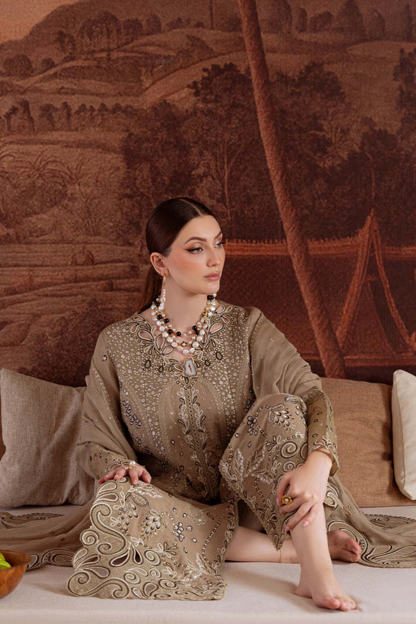 NE-170 Nureh Karandi Collection – Pakistani Beige Embroidered Karandi 3PC Outfit with Chiffon Dupatta Stitched at Pakistanimoda.com