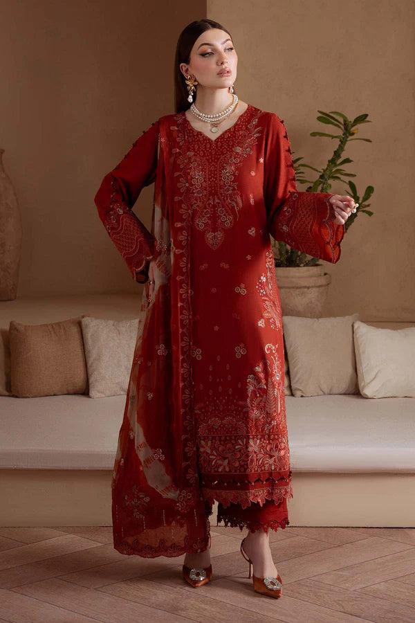 NE-171 Nureh Karandi Collection – Designer Orange Embroidered Karandi 3PC Suit with Chiffon Dupatta Stitched at Pakistanimoda.com