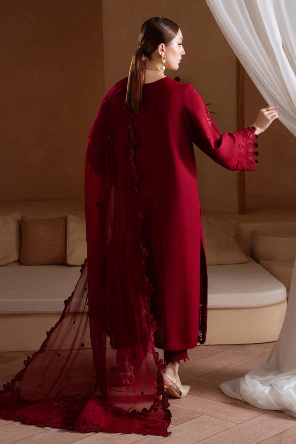 NE-173 Nureh Karandi Collection – Luxury Red Embroidered Karandi Suit with Chiffon Dupatta Stitched at Pakistanimoda.com