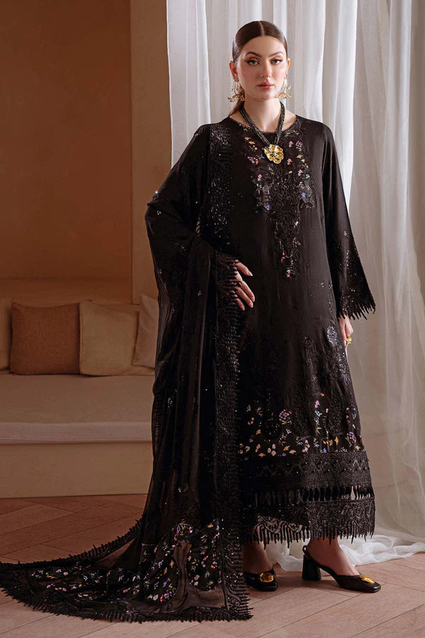NE-174 Nureh Karandi Collection Black Embroidered Suit with Chiffon Dupatta – Stitched Pakistani Outfit at Pakistanimoda.com