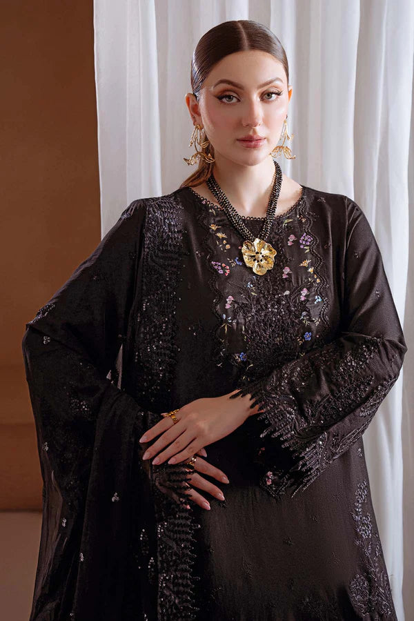 NE-174 Nureh Karandi Collection Black Embroidered Suit with Chiffon Dupatta – Stitched Pakistani Outfit at Pakistanimoda.com