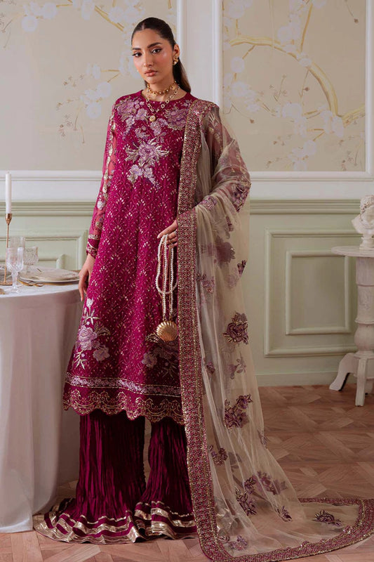 NEL-78 – Nureh Elanora Magenta Embroidered Organza Gharara Suit with Net Dupatta | Pakistanimoda