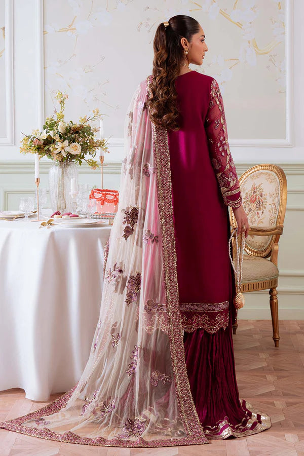 NEL-78 – Nureh Elanora Magenta Embroidered Organza Gharara Suit with Net Dupatta | Pakistanimoda