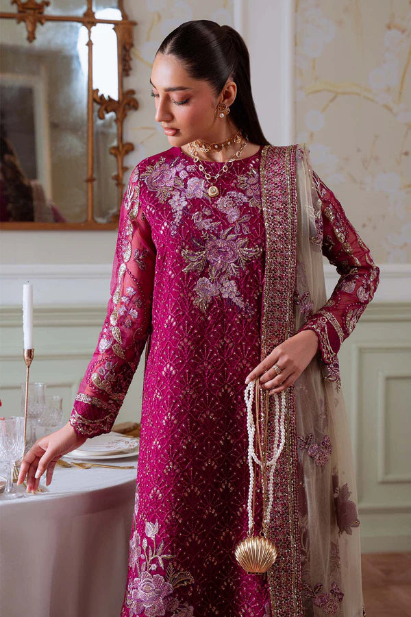 NEL-78 – Nureh Elanora Magenta Embroidered Organza Gharara Suit with Net Dupatta | Pakistanimoda