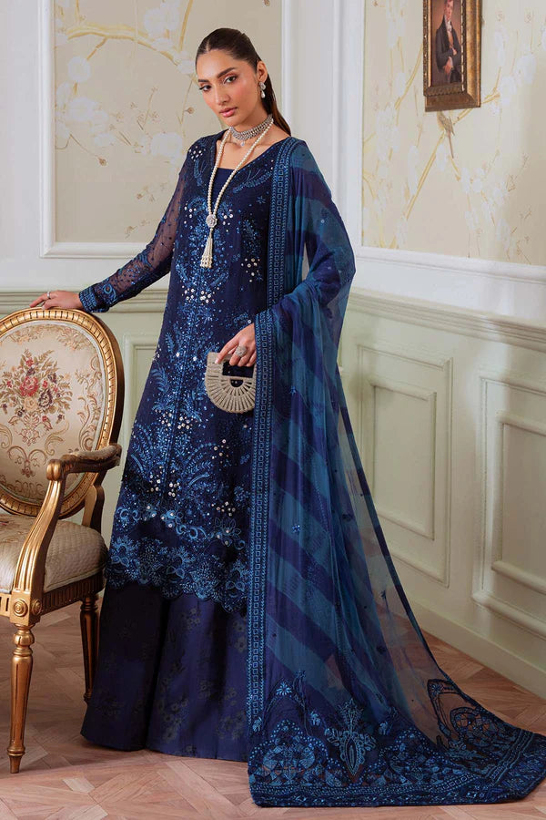 NEL-79 – Nureh Elanora Navy Blue Embroidered Chiffon Gharara Suit | Pakistanimoda
