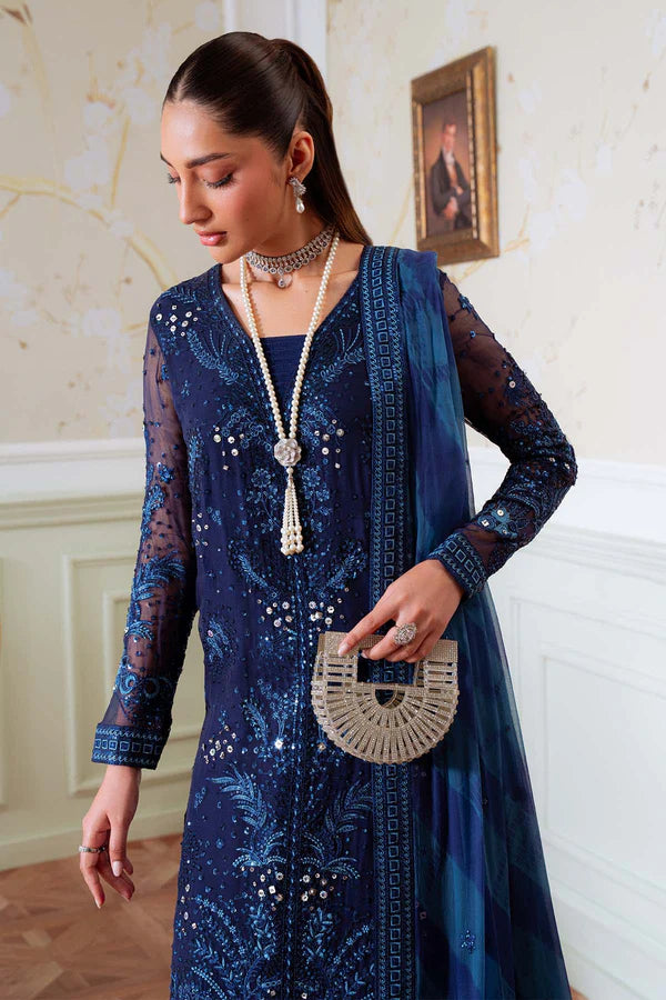 NEL-79 – Nureh Elanora Navy Blue Embroidered Chiffon Gharara Suit | Pakistanimoda