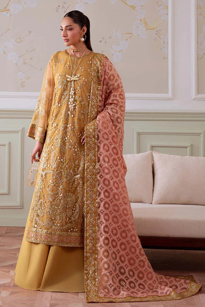 NEL-81 – Order Nureh Elanora Mustard Gold Net Embroidered Formal Outfit | Pakistanimoda