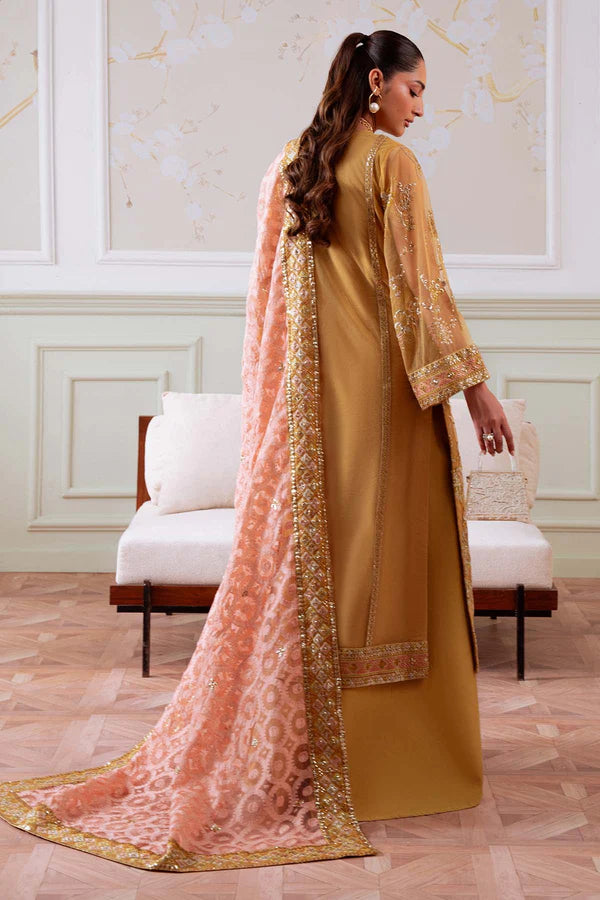 NEL-81 – Order Nureh Elanora Mustard Gold Net Embroidered Formal Outfit | Pakistanimoda