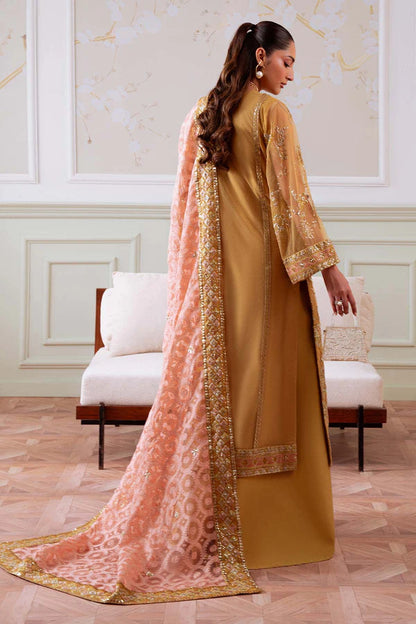NEL-81 – Order Nureh Elanora Mustard Gold Net Embroidered Formal Outfit | Pakistanimoda