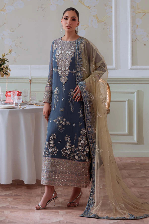NEL-82 – Nureh Elanora Steel Blue Embroidered Chiffon Evening Dress Canada | Pakistanimoda