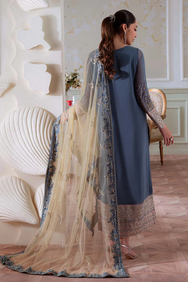 NEL-82 – Nureh Elanora Steel Blue Embroidered Chiffon Evening Dress Canada | Pakistanimoda