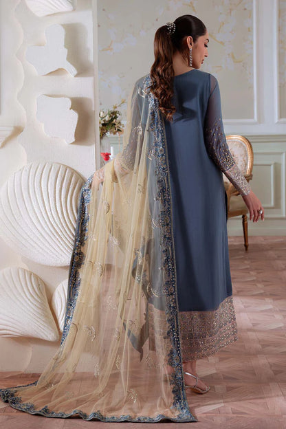 NEL-82 – Nureh Elanora Steel Blue Embroidered Chiffon Evening Dress Canada | Pakistanimoda