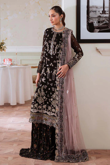 NEL-83 – Nureh Elanora Black Embroidered Chiffon Luxury Sharara Dress USA | Pakistanimoda