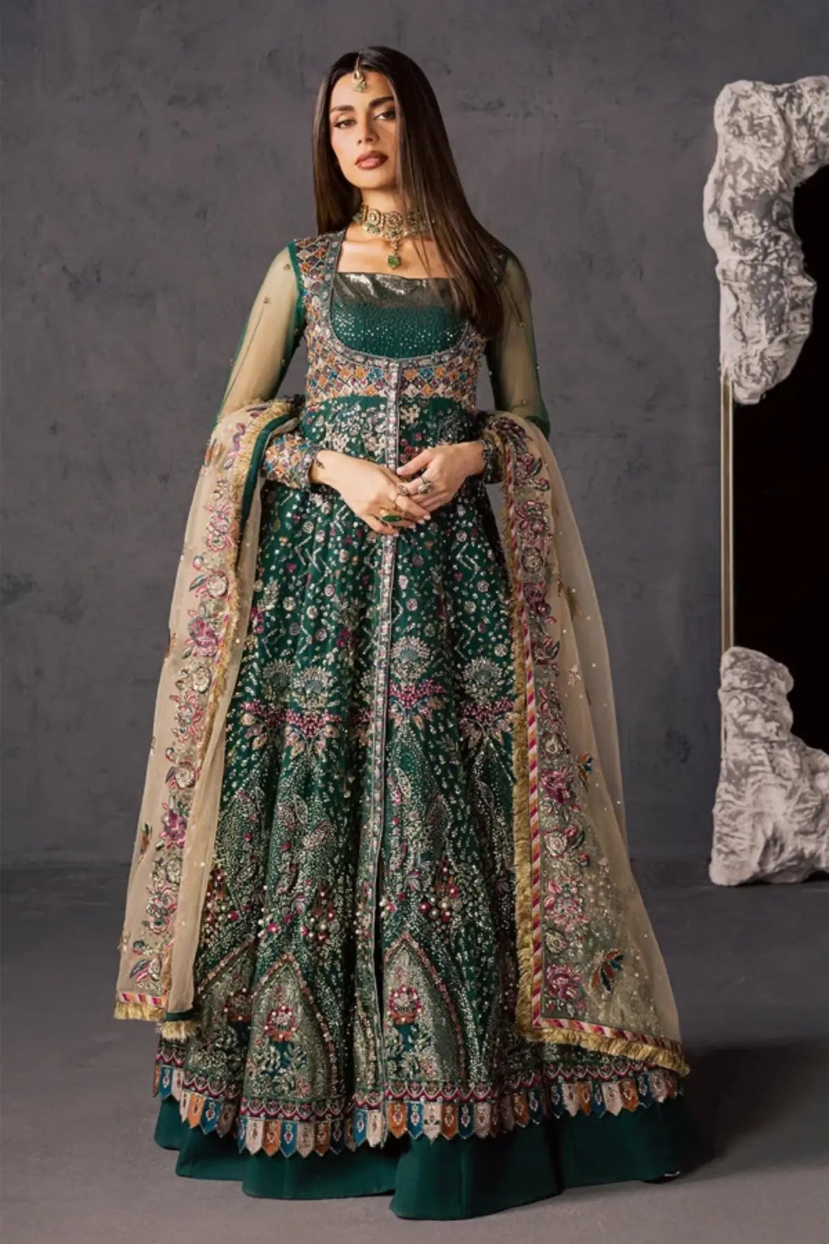 NFM-01 emerald green net Pakistani formal stitched gown with hand embellishment and embroidered dupatta