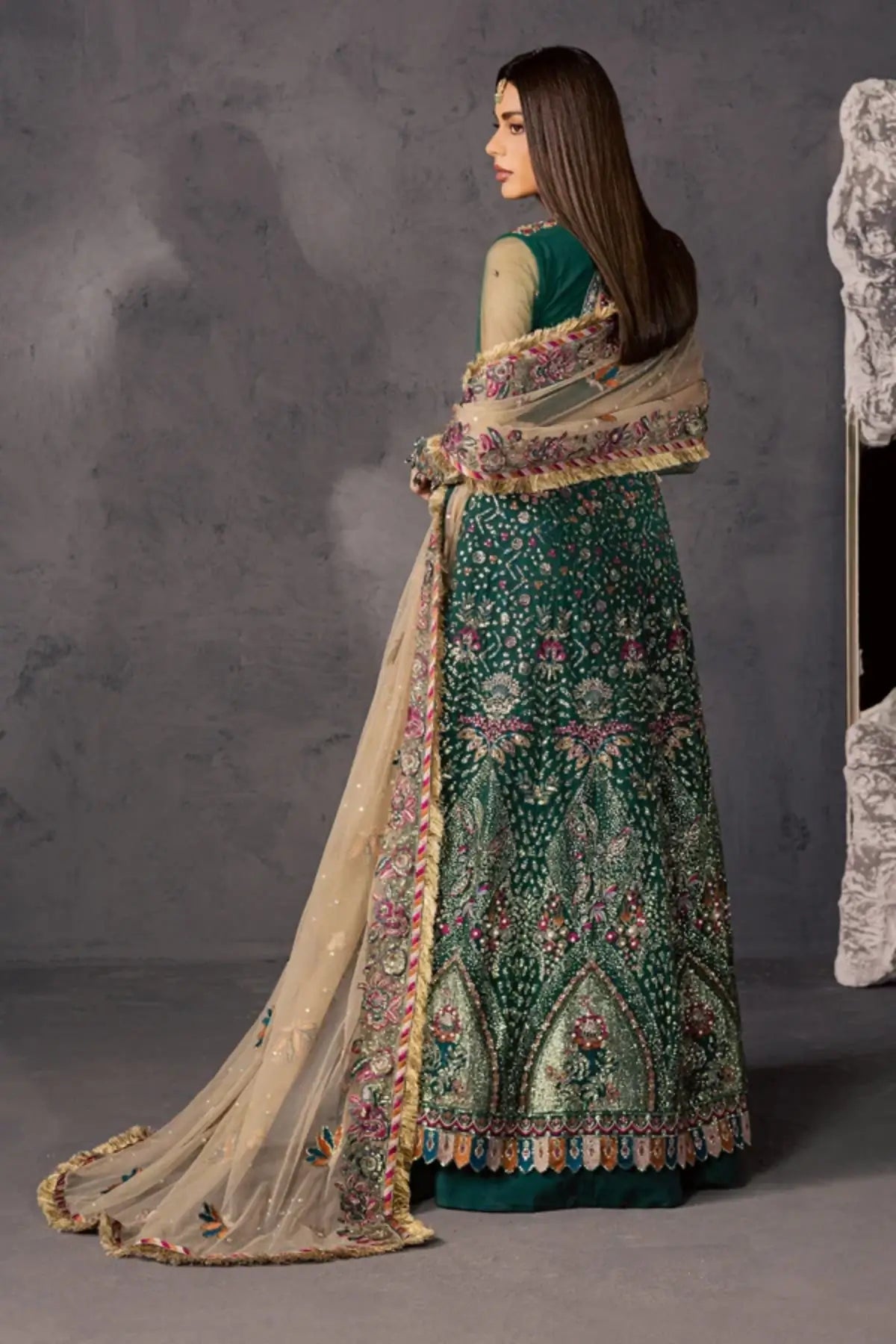 NFM-01 emerald green net Pakistani formal stitched gown with hand embellishment and embroidered dupatta