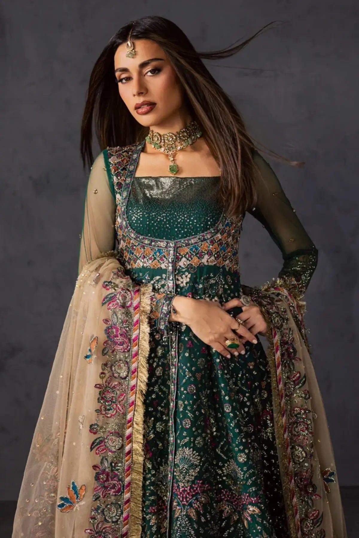 NFM-01 emerald green net Pakistani formal stitched gown with hand embellishment and embroidered dupatta
