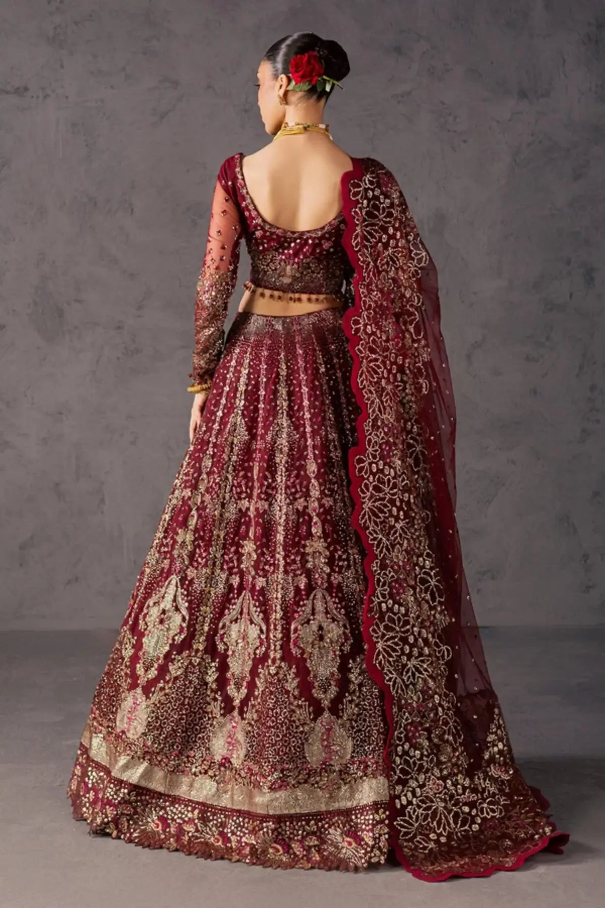 NFM-02 deep maroon net Pakistani stitched lehenga choli with hand embellishment and embroidered dupatta