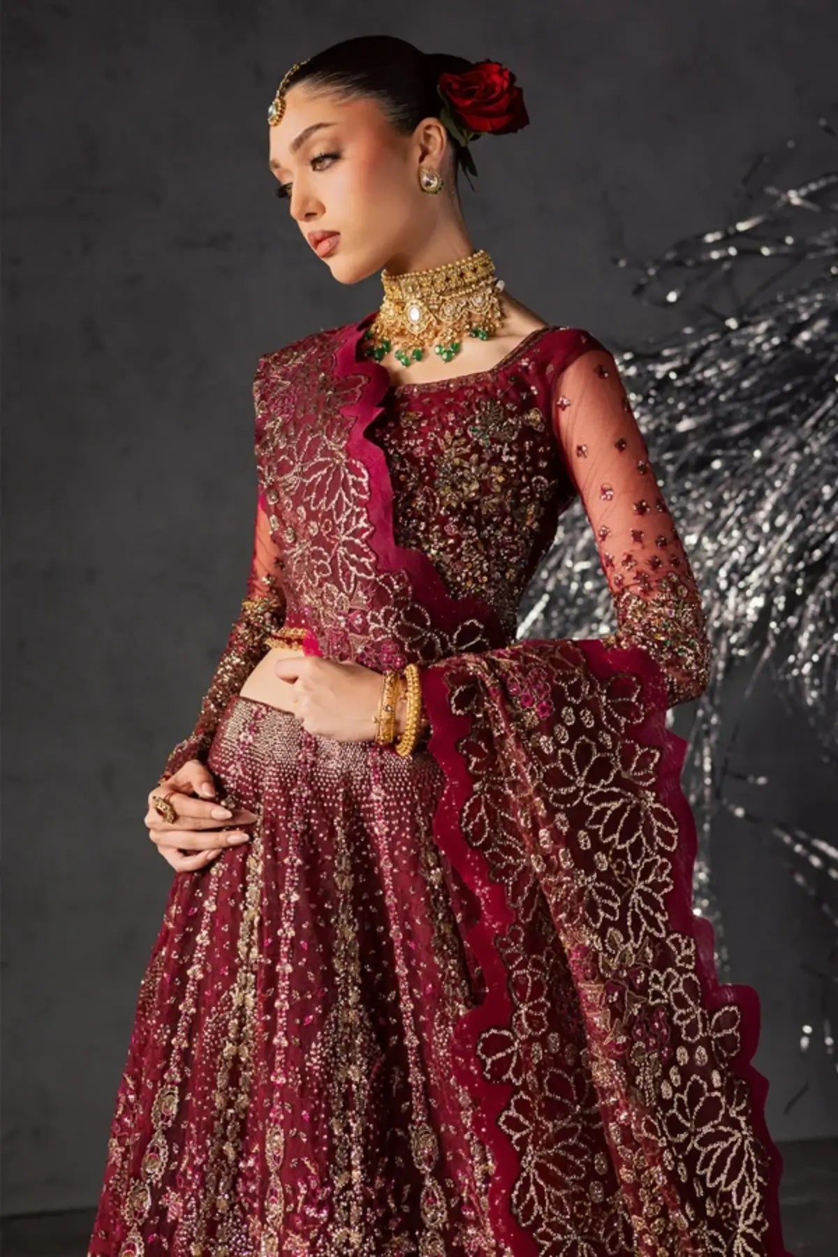NFM-02 deep maroon net Pakistani stitched lehenga choli with hand embellishment and embroidered dupatta