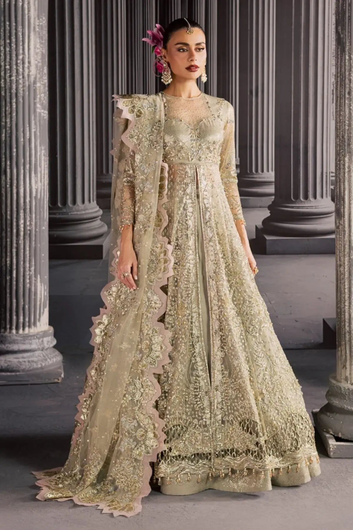 NFM-03 sage green net Pakistani wedding formal stitched gown with hand embellishment and embroidered dupatta