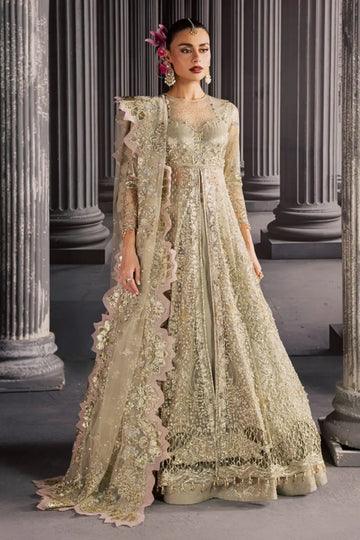 NFM-03 sage green net Pakistani wedding formal stitched gown with hand embellishment and embroidered dupatta