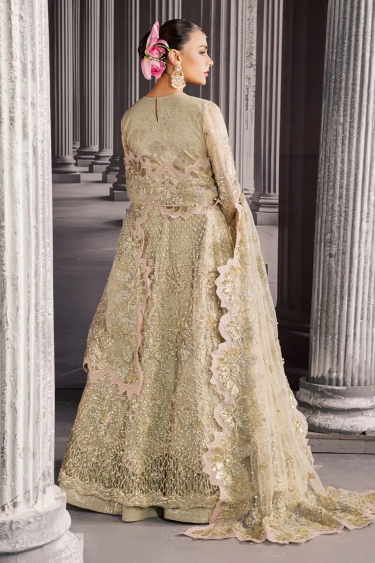 NFM-03 sage green net Pakistani wedding formal stitched gown with hand embellishment and embroidered dupatta