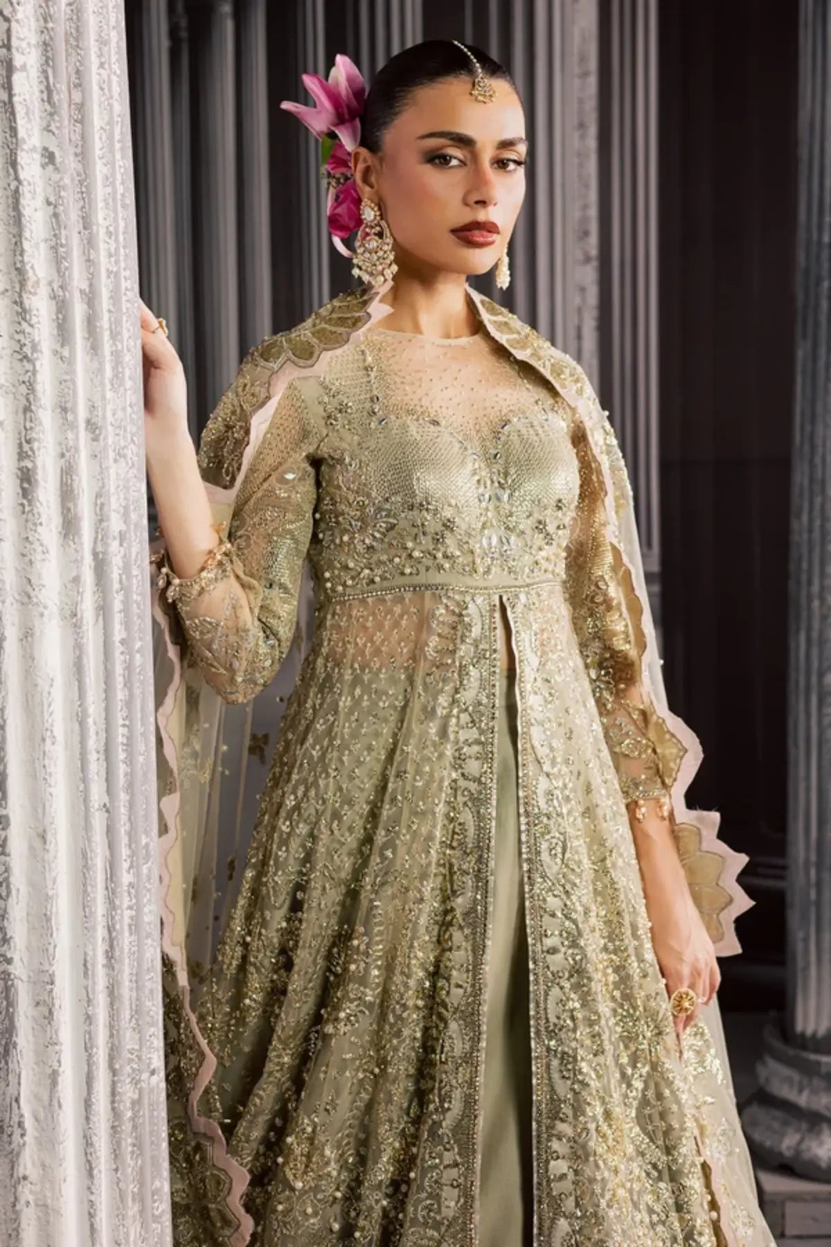 NFM-03 sage green net Pakistani wedding formal stitched gown with hand embellishment and embroidered dupatta