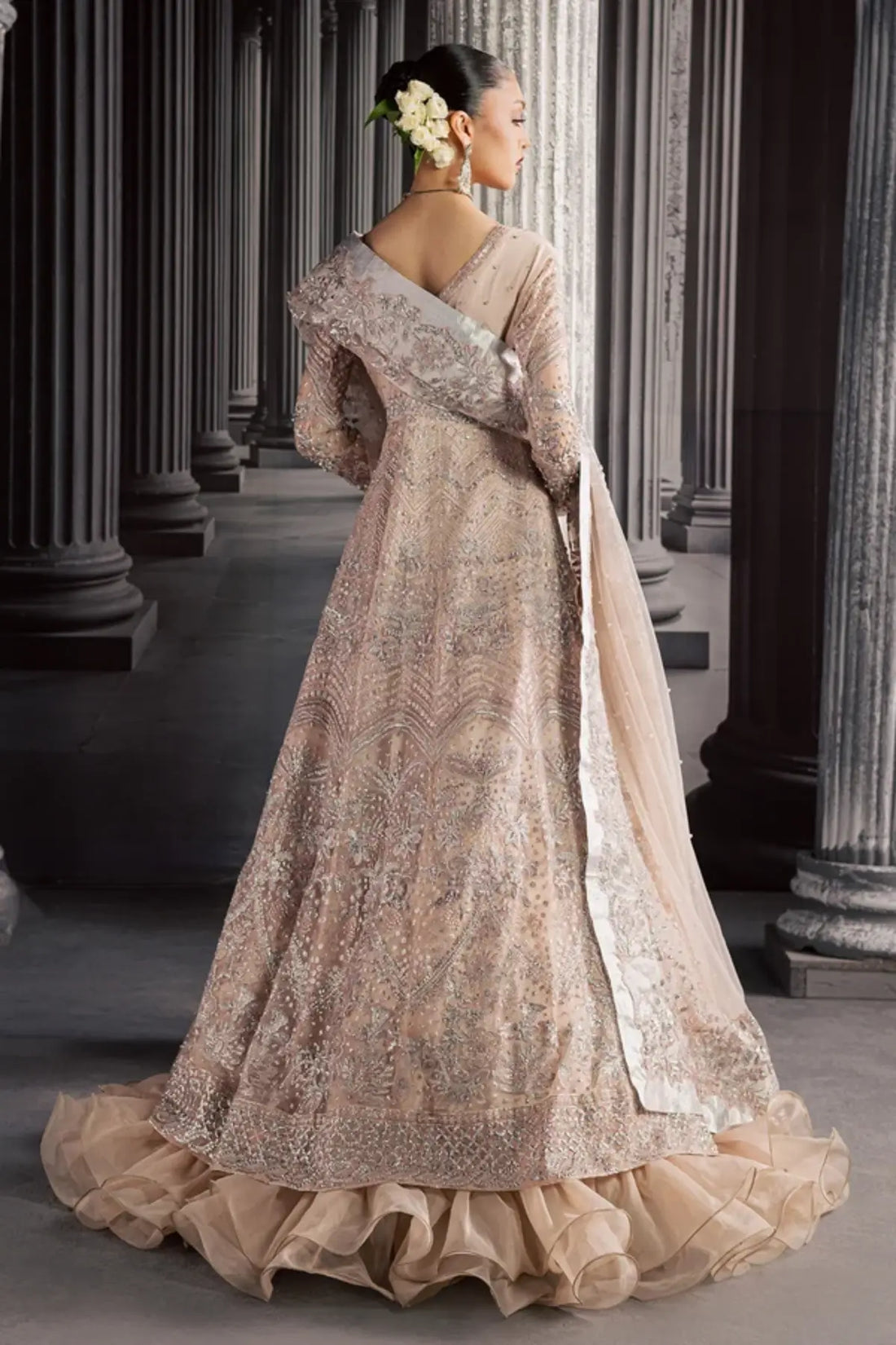 NFM-04 blush pink hand embellished Pakistani wedding stitched Pishwas with embroidered net dupatta