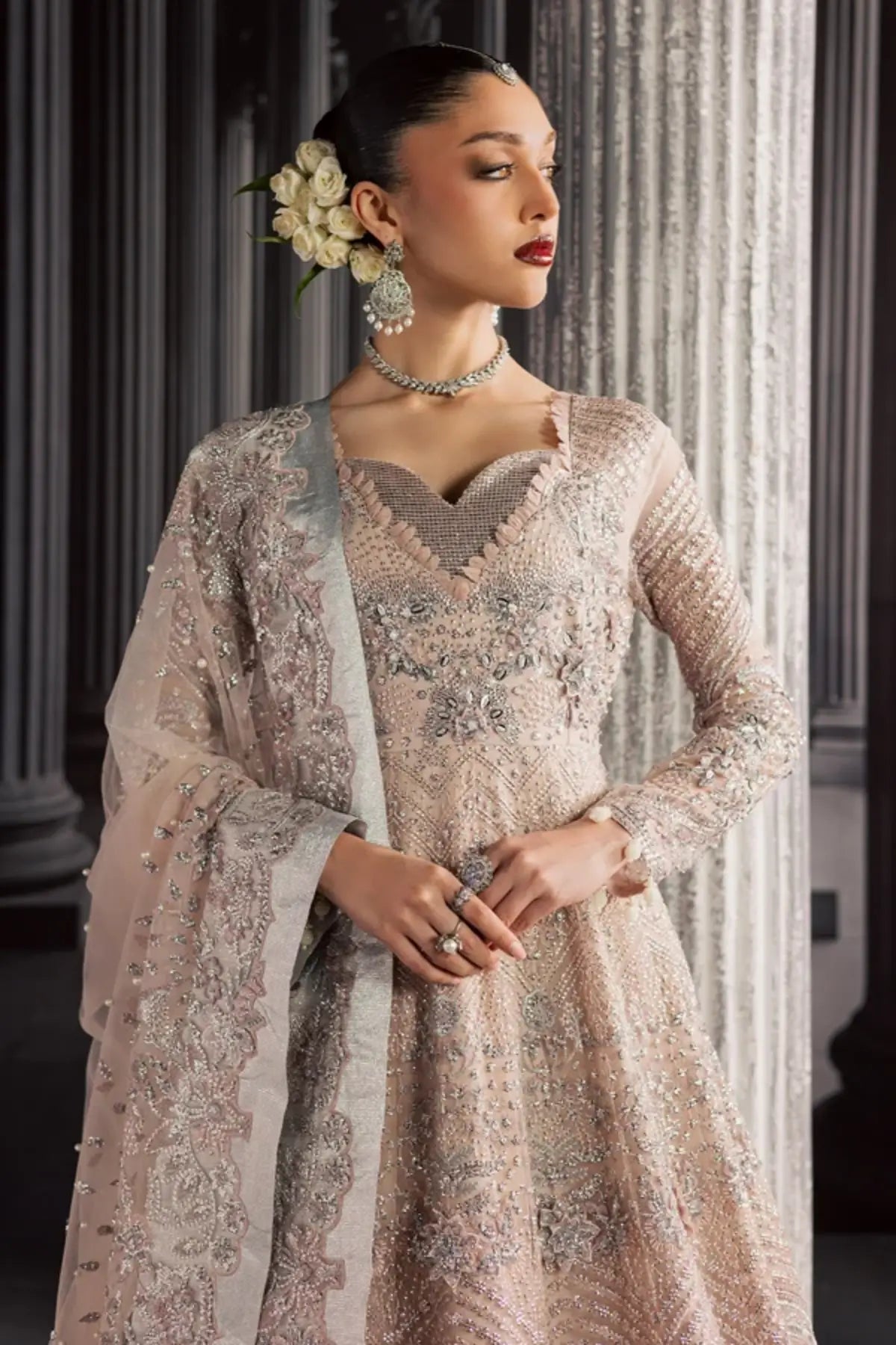 NFM-04 blush pink hand embellished Pakistani wedding stitched Pishwas with embroidered net dupatta
