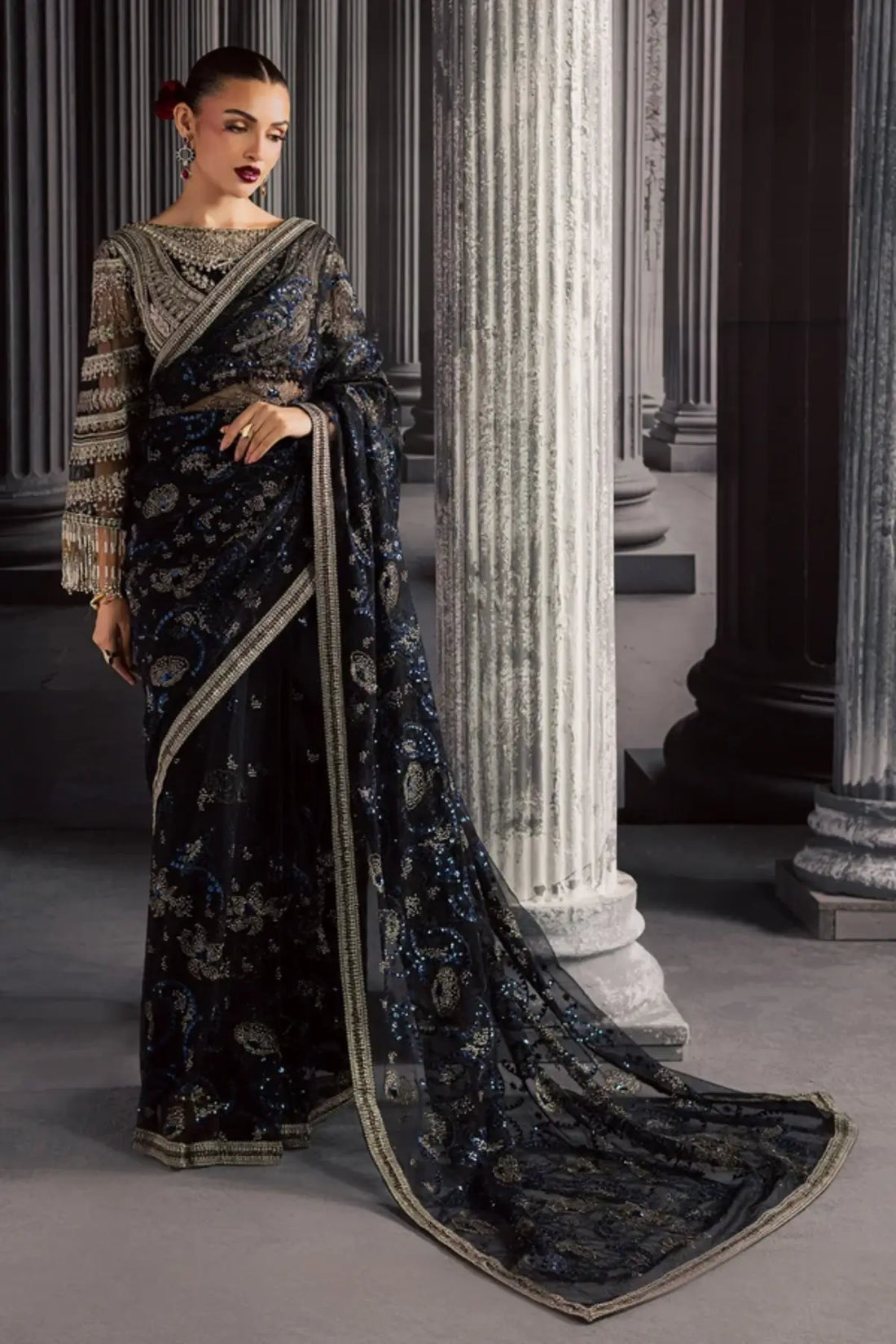 NFM-05 black hand embellished net Pakistani stitched saree with embroidered blouse