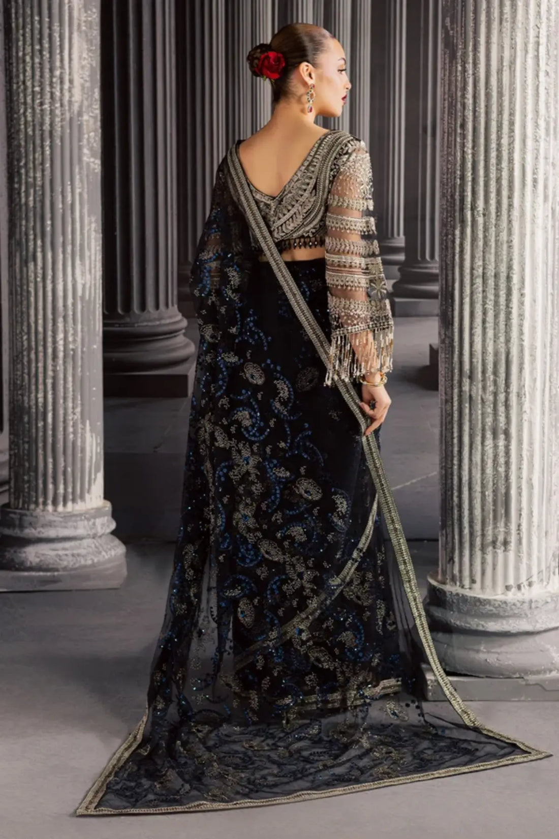 NFM-05 black hand embellished net Pakistani stitched saree with embroidered blouse