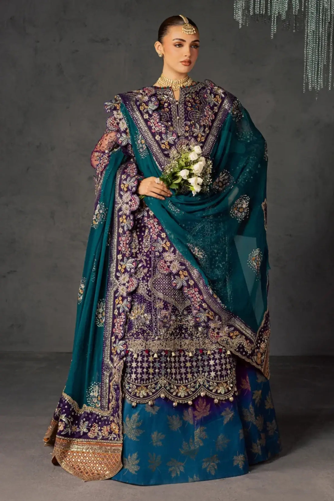 NFM-06 purple and teal hand embellished Pakistani formal stitched suit with embroidered chiffon dupatta