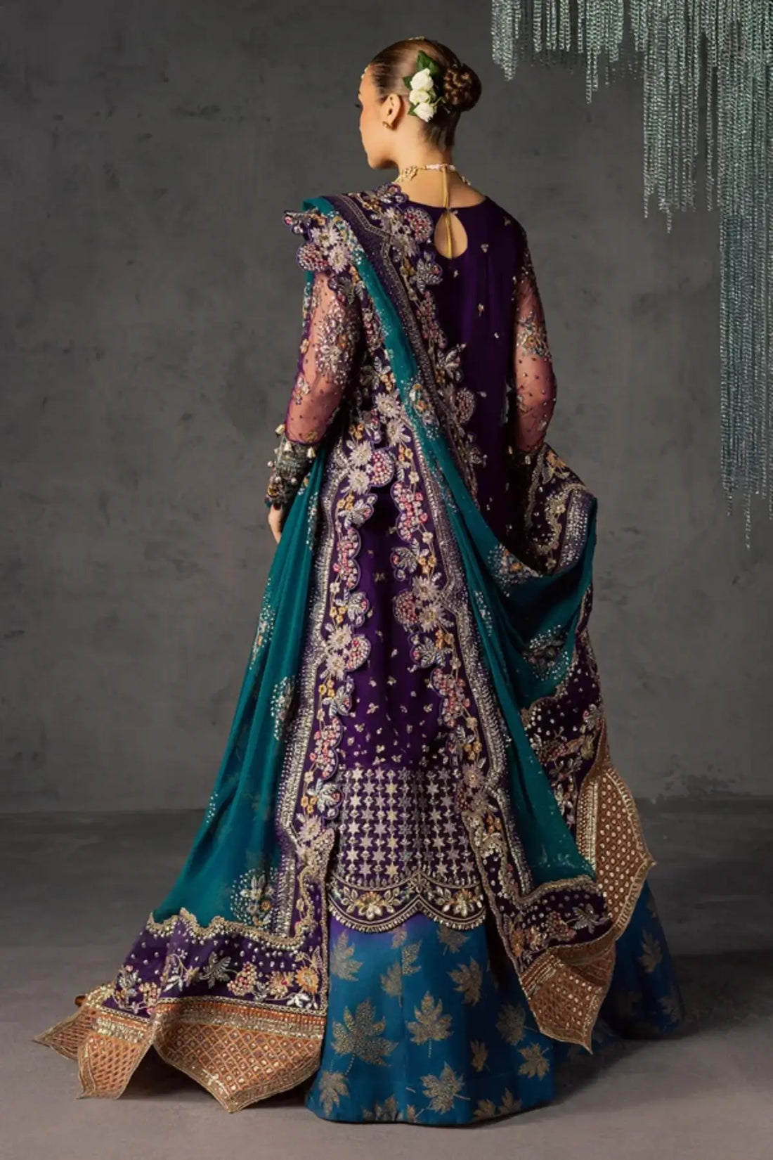 NFM-06 purple and teal hand embellished Pakistani formal stitched suit with embroidered chiffon dupatta